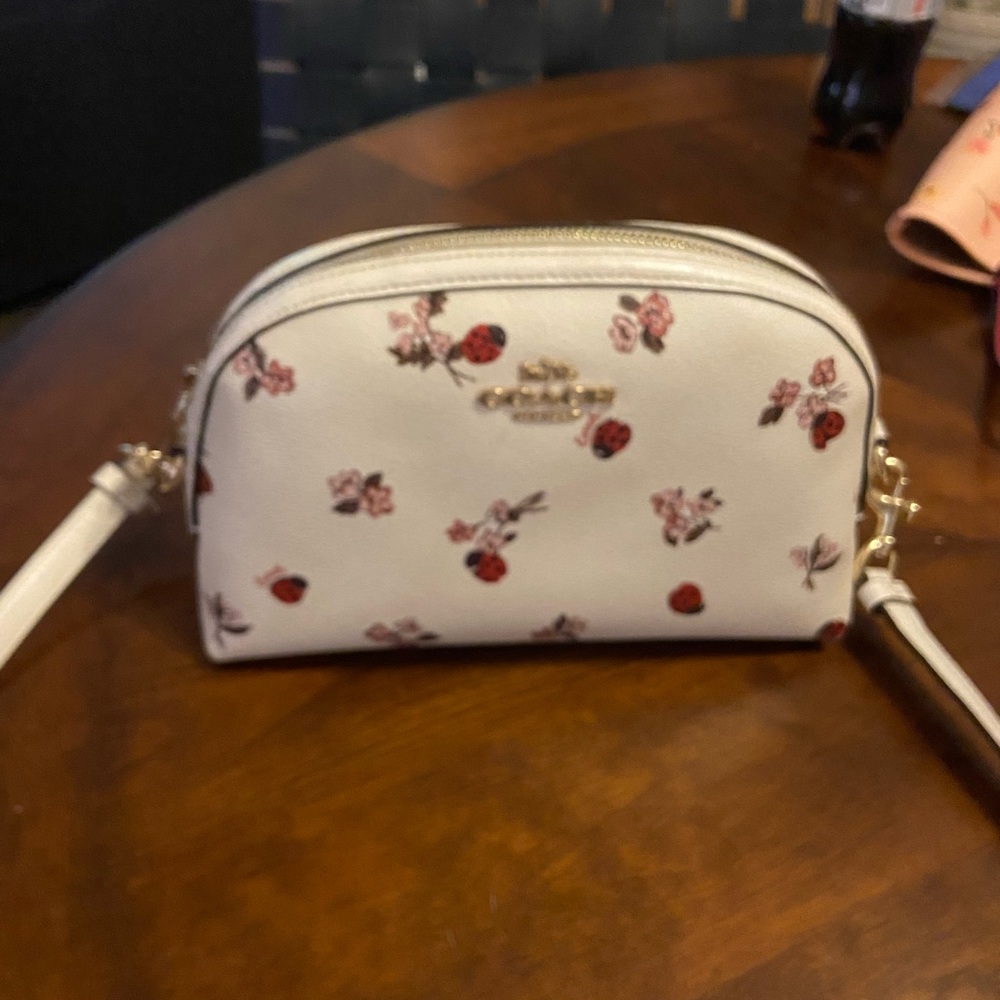 Coach White Crossbody Bag with Lady Bugs and Red Floral Accents